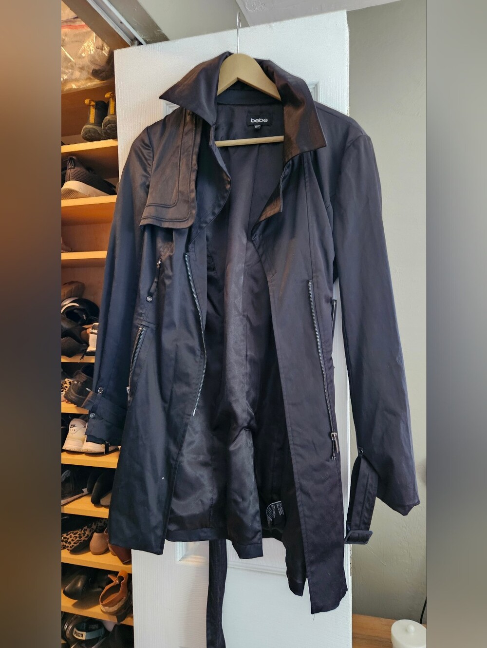 Bebe Black Stain Trench Coat with Zip Details
